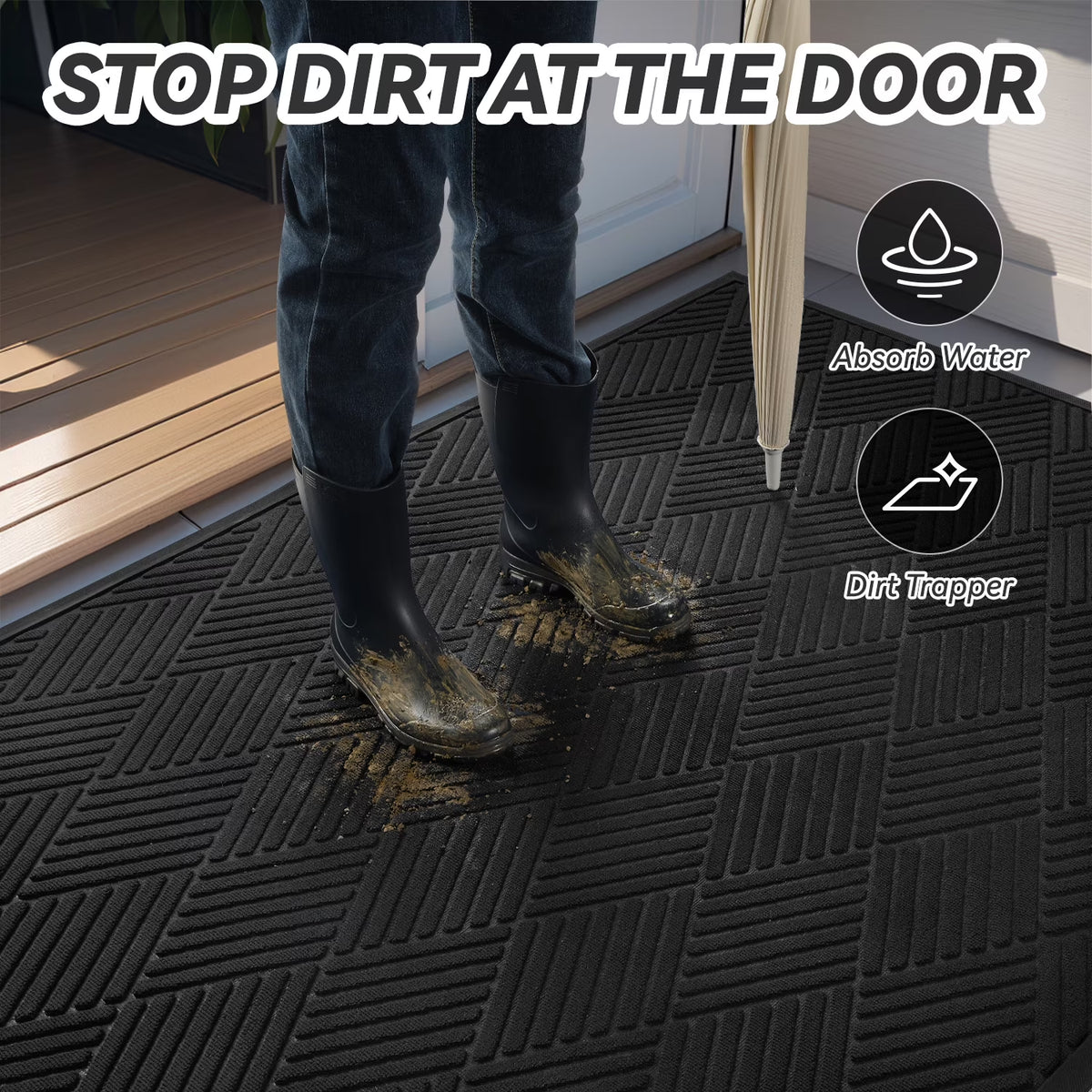 Outdoor Mat Non Slip Doormat 17"X30" Front Door Mat outside Absorbent Rubber Welcome Mat Low Profile Dirt Trapper Indoor Outdoor Doormat Thicken Crosshatch Entryway Rug Floor Mat Black