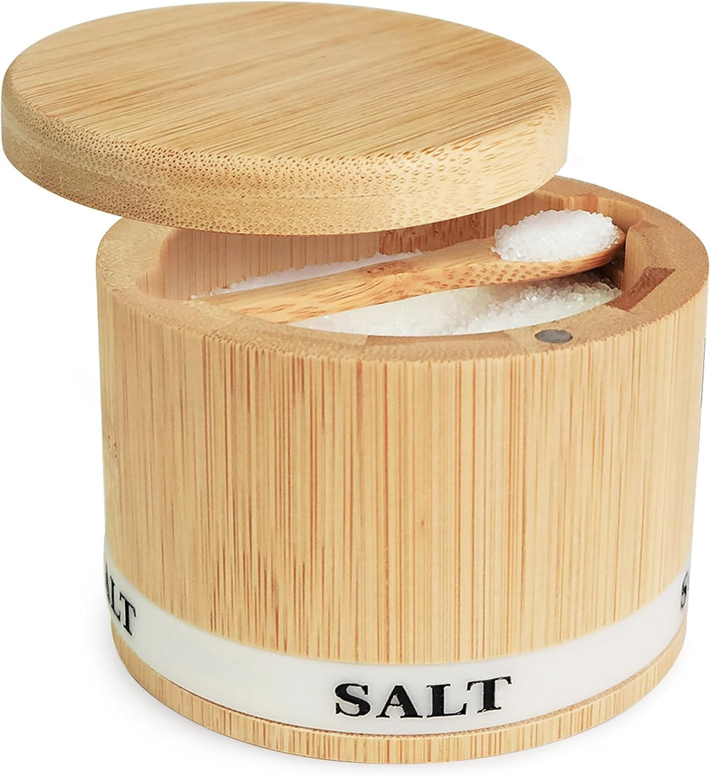Salt Box Bamboo Salt Container with Swivel Lid and Spoon Small Spice Cellar with Label 8 Oz Capacity Salt Holder for Countertop with Magnetic to Easy Open and Seal