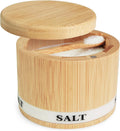 Salt Box Bamboo Salt Container with Swivel Lid and Spoon Small Spice Cellar with Label 8 Oz Capacity Salt Holder for Countertop with Magnetic to Easy Open and Seal