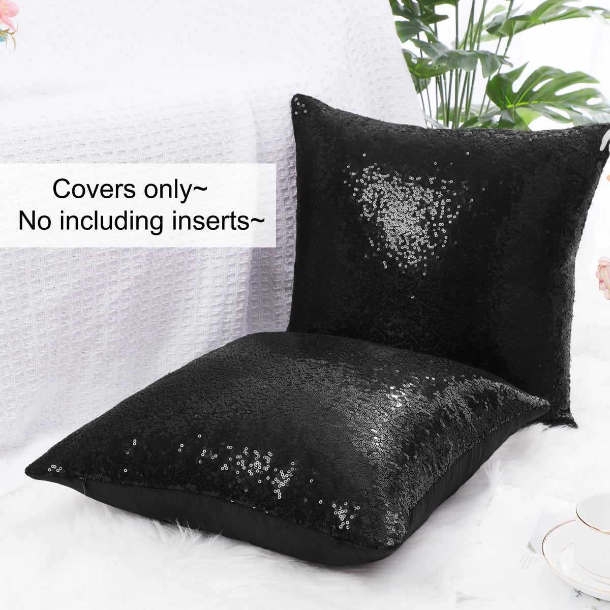 2 Pack Sequins Decorative Throw Pillow Covers 16" X16" Black