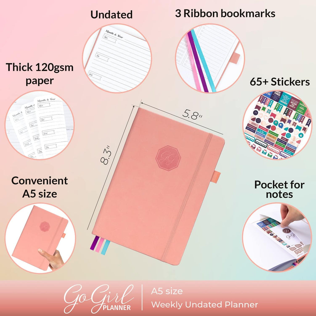 Planner for Women, Undated Weekly Agenda Journal, Peach Pink