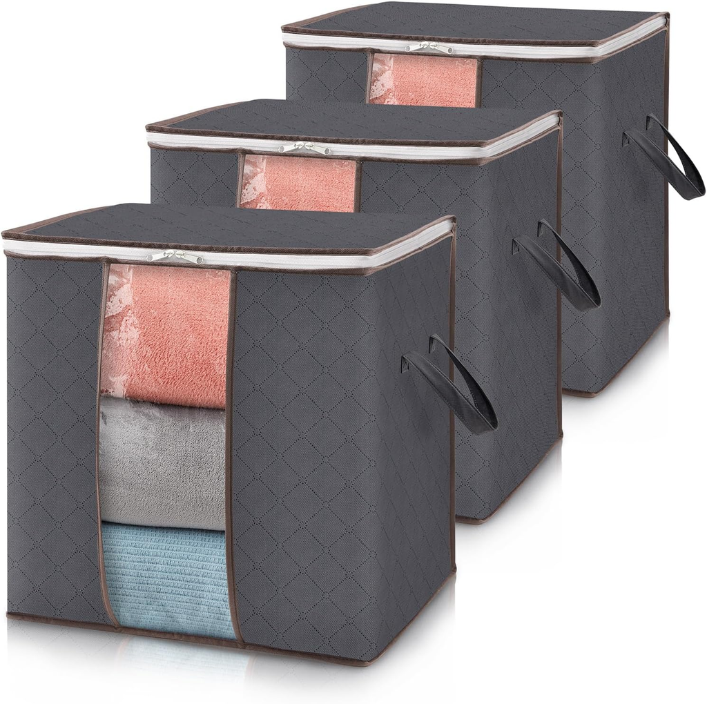 3 Pack 100L Clothes Storage Bins with Lids, Zippers, and Reinforced Handles.