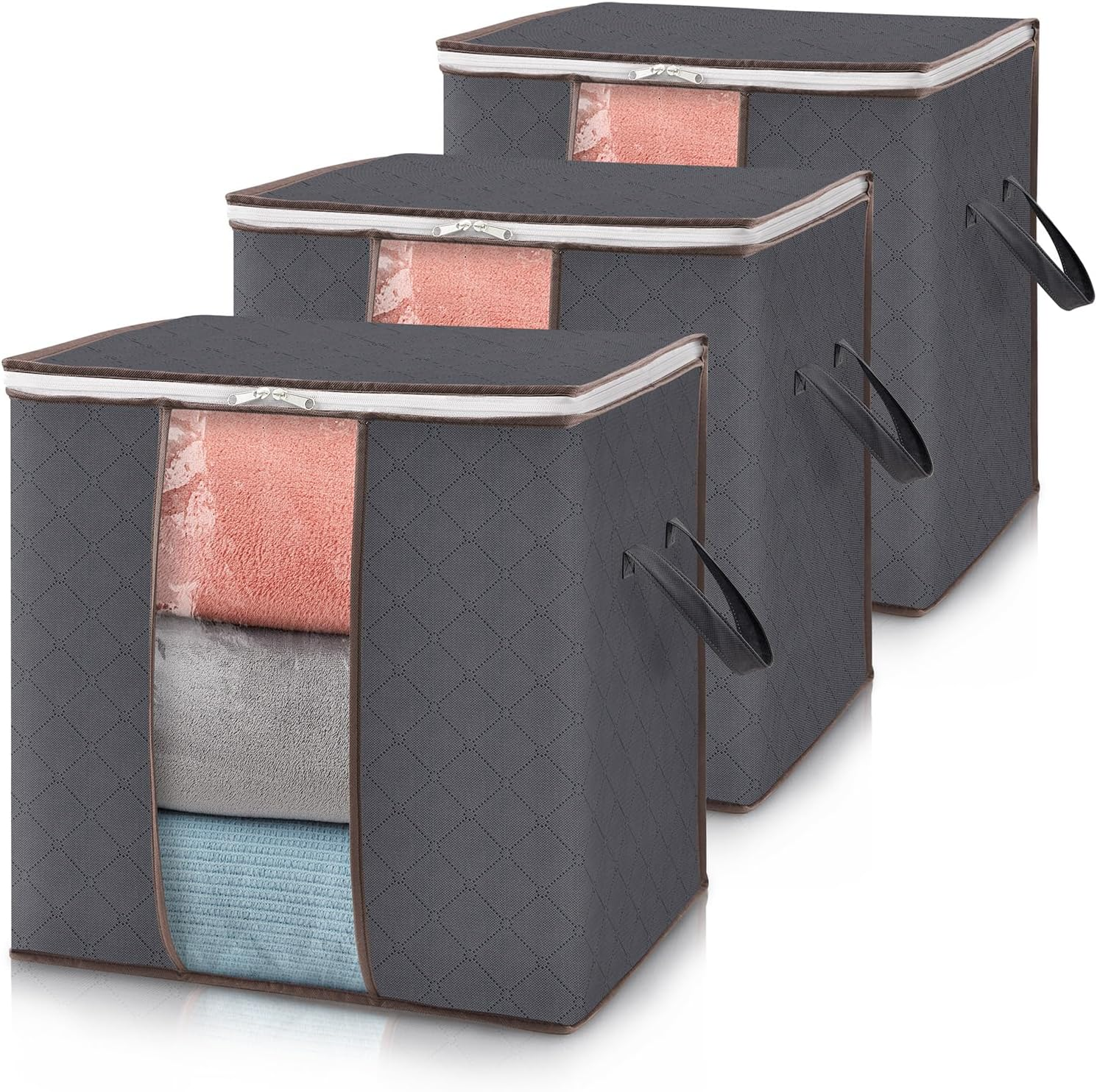 3 Pack 100L Clothes Storage Bins with Lids, Zippers, and Reinforced Handles.