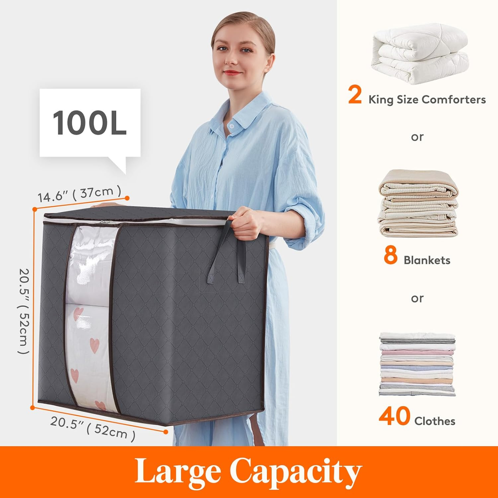 3 Pack 100L Clothes Storage Bins with Lids, Zippers, and Reinforced Handles.