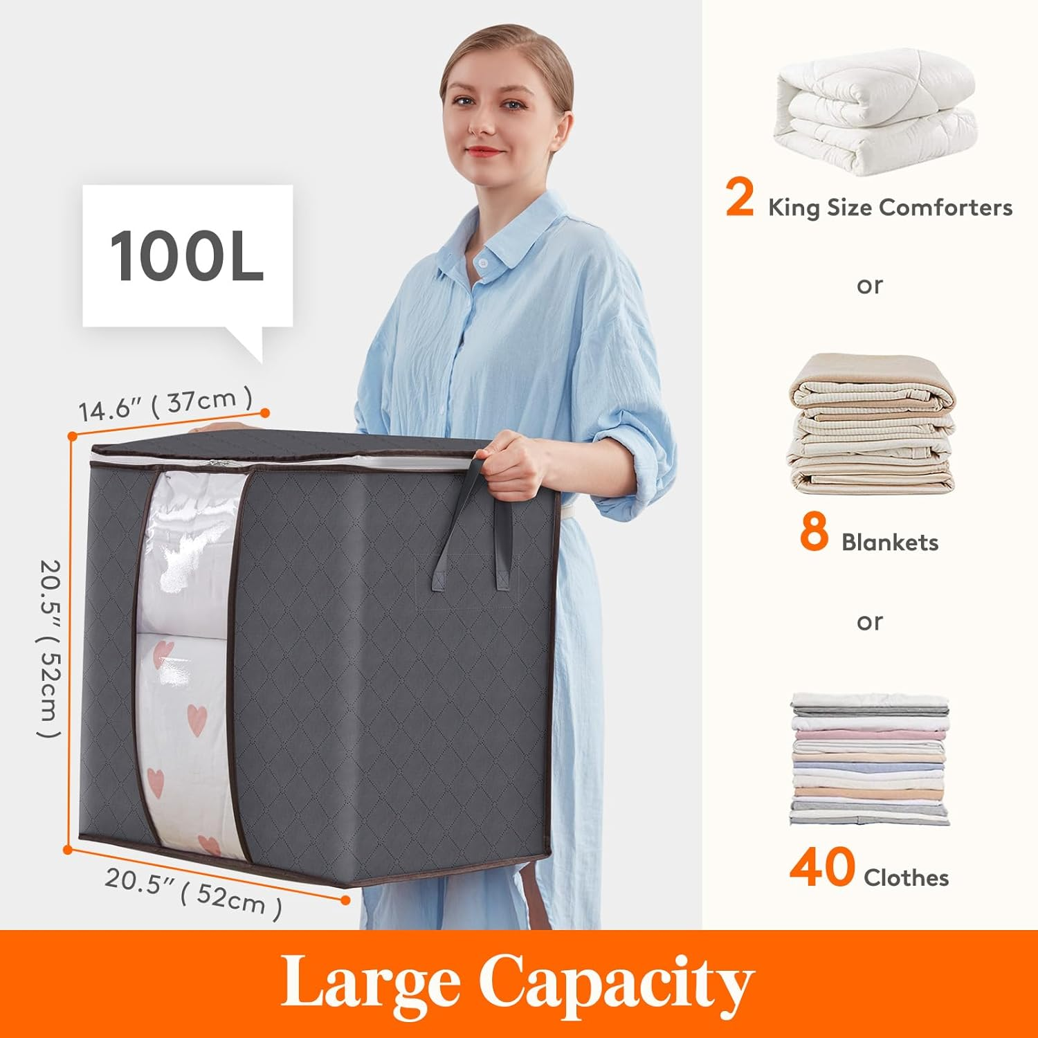 3 Pack 100L Clothes Storage Bins with Lids, Zippers, and Reinforced Handles.