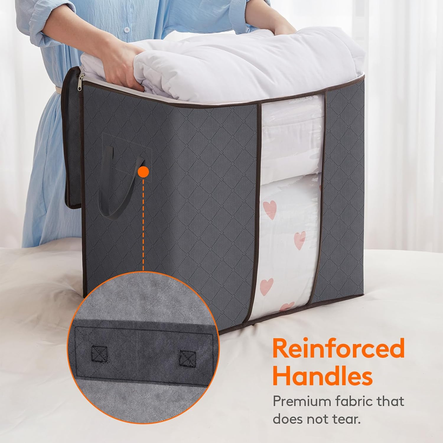 3 Pack 100L Clothes Storage Bins with Lids, Zippers, and Reinforced Handles.