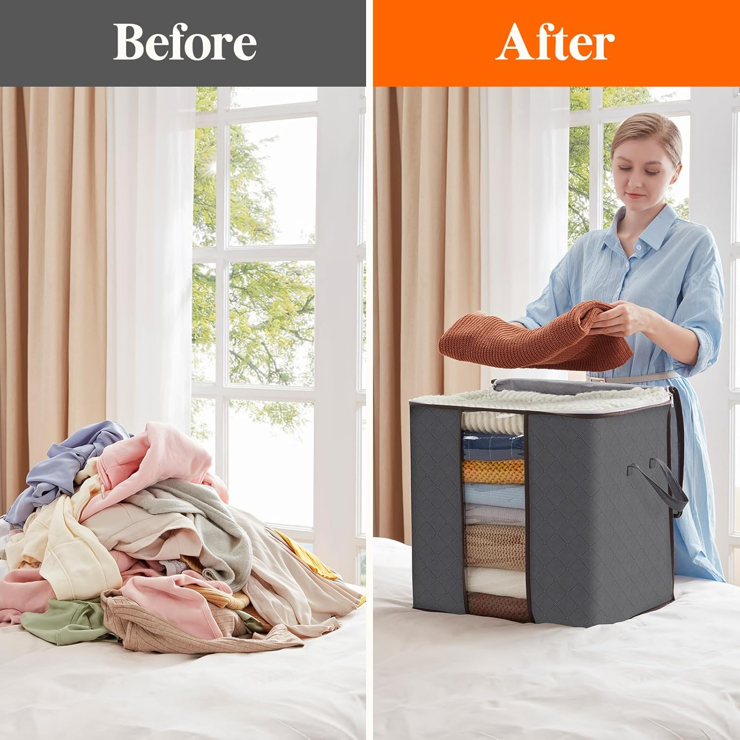 3 Pack 100L Clothes Storage Bins with Lids, Zippers, and Reinforced Handles.