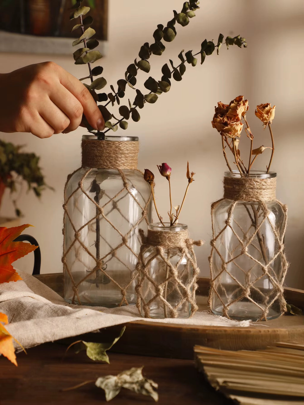 Rustic Hanging Glass Vase with Hemp Rope Net 