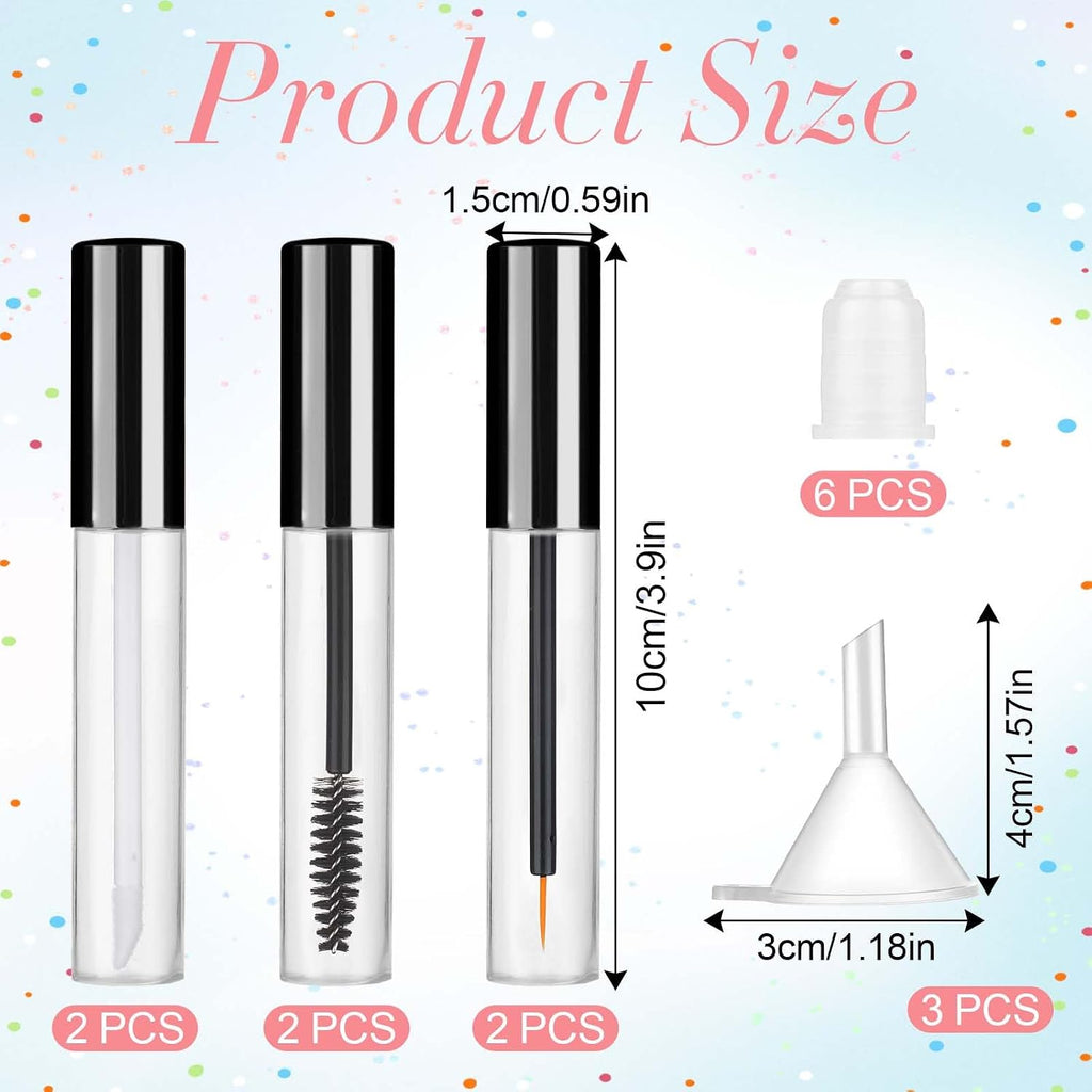 6 Pack 10Ml Empty Mascara Tube with Brush Wand, Clear Mascara Tube, Refillable Eyelash Cream Container DIY Cosmetics Bottle, Empty Eyeliner Tube and Empty Lip Gloss Tubes with Funnel(Black)