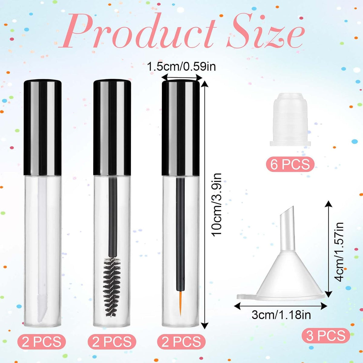 6 Pack 10Ml Empty Mascara Tube with Brush Wand, Clear Mascara Tube, Refillable Eyelash Cream Container DIY Cosmetics Bottle, Empty Eyeliner Tube and Empty Lip Gloss Tubes with Funnel(Black)