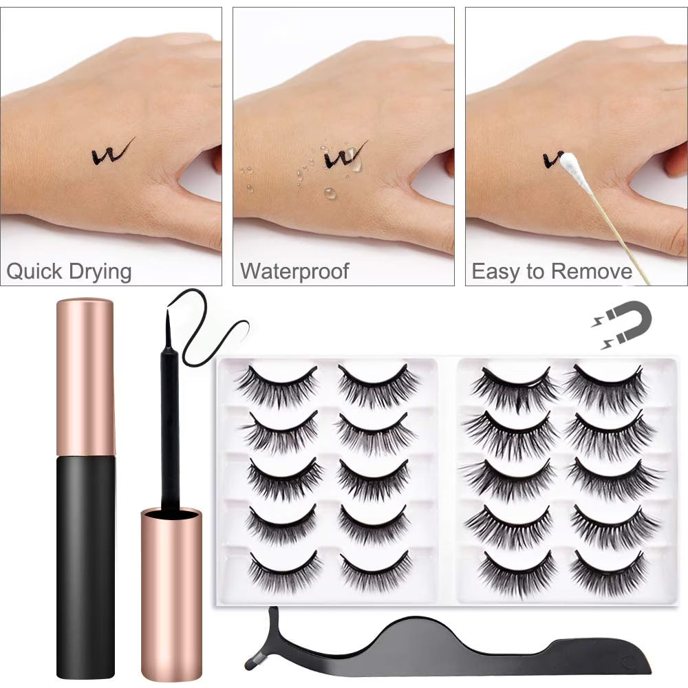 Magnetic Eyelashes with Eyeliner Kit - 10 Pairs 3D 5D Magnetic Eyelashes and 2 Tubes Eyeliner with Tweezers Natural Look, Reusable False Lashes, No Glue Need