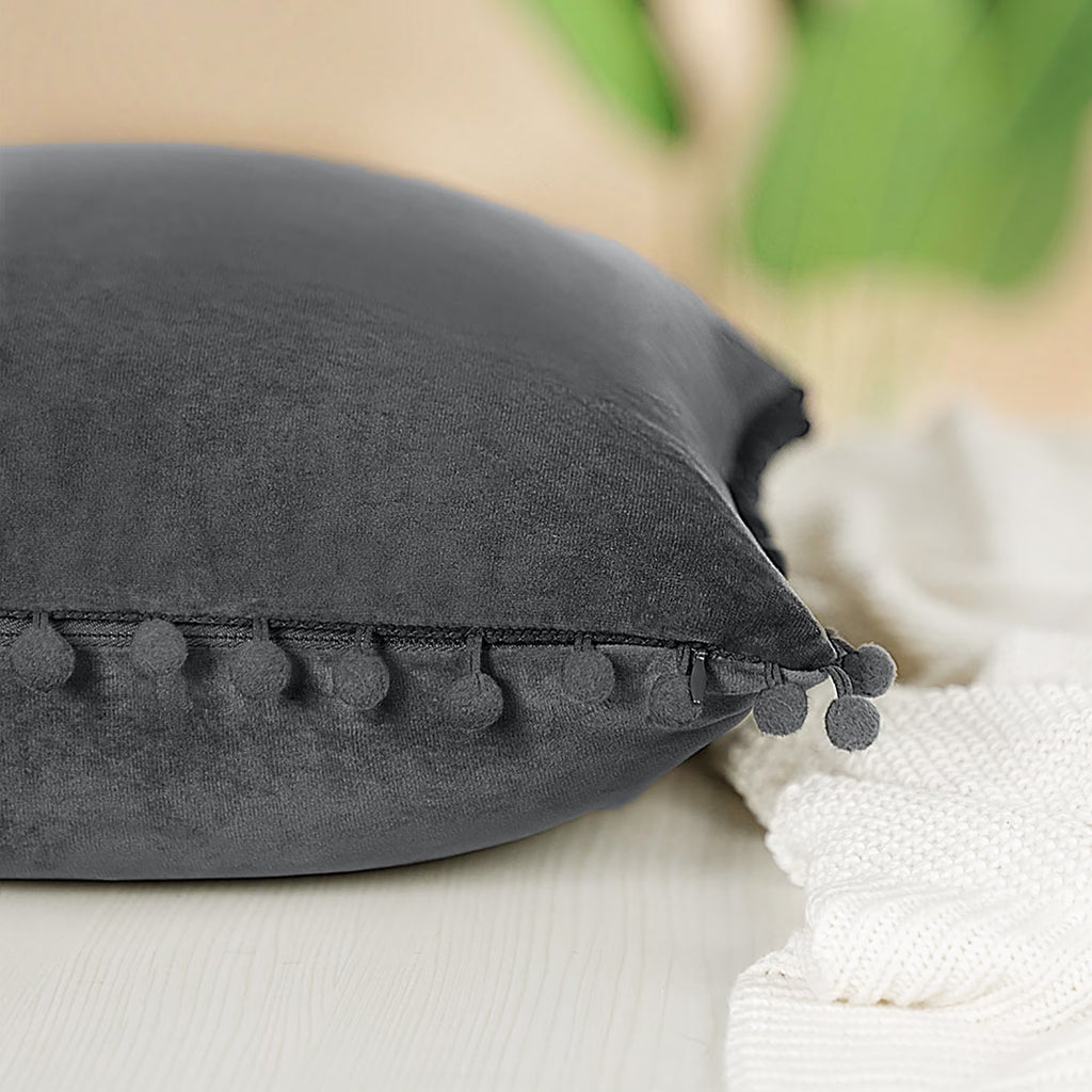 Velvet Pillow Cover with Pompoms for Sofa 1PCS Dark Gray 20X20Inch