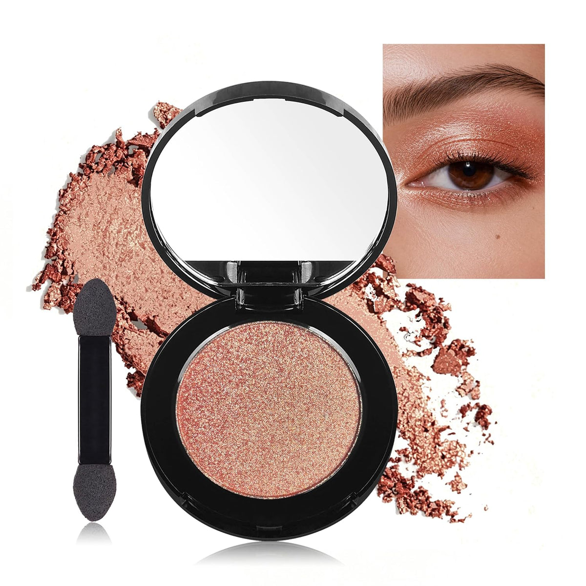 Dusk Champagne Shimmer Eyeshadow with Mirror,Shimmer Sparkly Eye Shadow Palette,Pressed Powder Single Eyeshadow for Women and Girls,Eye Makeup Eyelid Color,High Pigment,Long Wearing,Waterproof