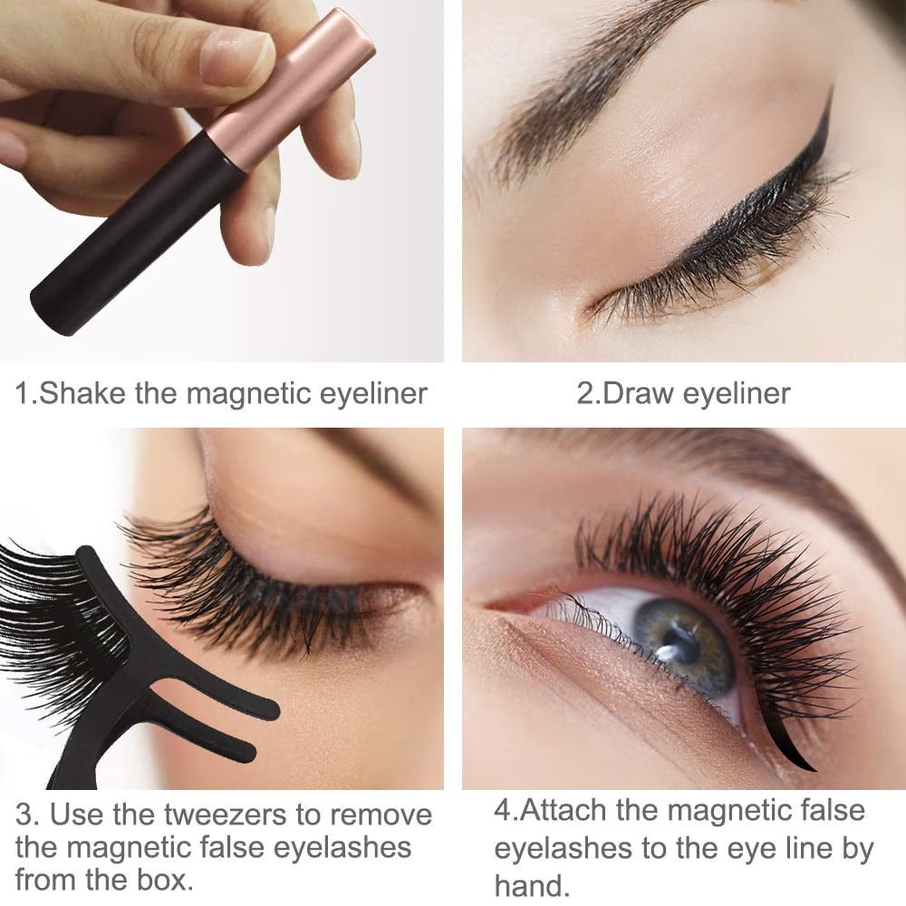 Magnetic Eyelashes with Eyeliner Kit - 10 Pairs 3D 5D Magnetic Eyelashes and 2 Tubes Eyeliner with Tweezers Natural Look, Reusable False Lashes, No Glue Need