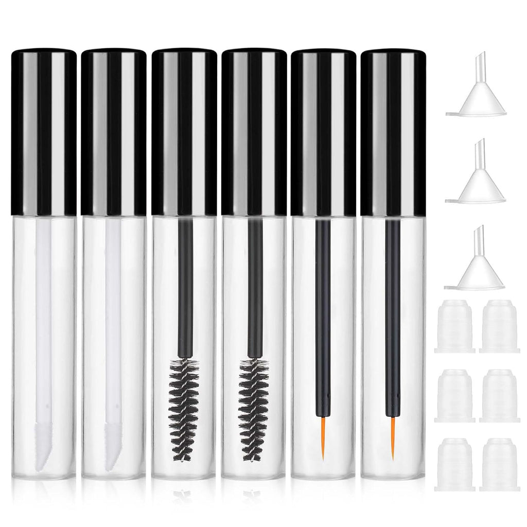 6 Pack 10Ml Empty Mascara Tube with Brush Wand, Clear Mascara Tube, Refillable Eyelash Cream Container DIY Cosmetics Bottle, Empty Eyeliner Tube and Empty Lip Gloss Tubes with Funnel(Black)