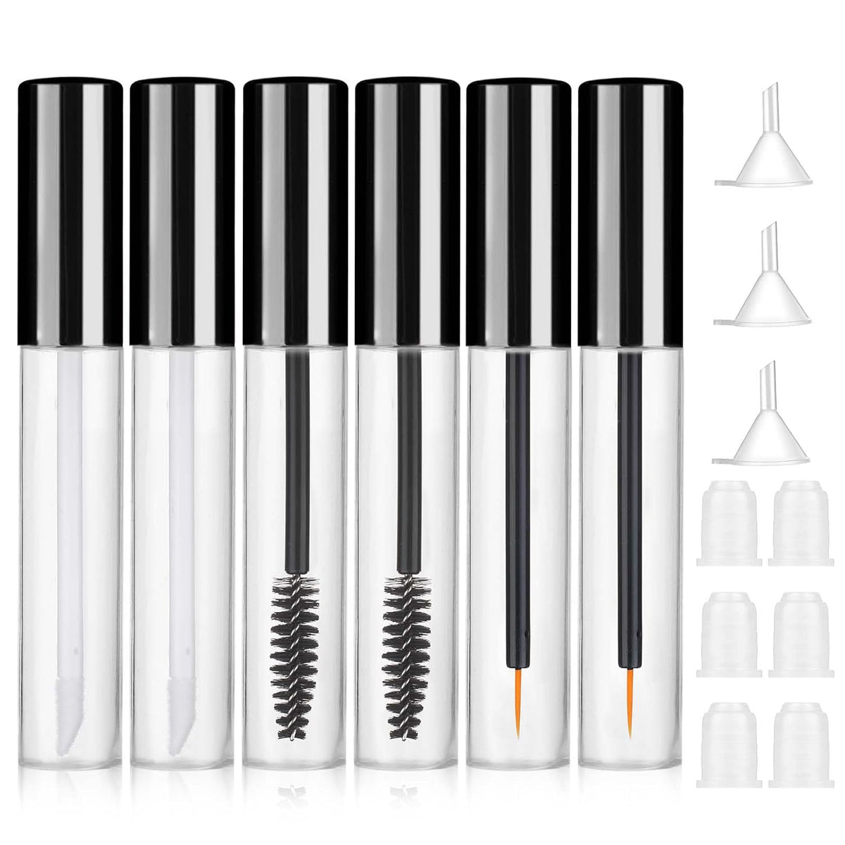 6 Pack 10Ml Empty Mascara Tube with Brush Wand, Clear Mascara Tube, Refillable Eyelash Cream Container DIY Cosmetics Bottle, Empty Eyeliner Tube and Empty Lip Gloss Tubes with Funnel(Black)