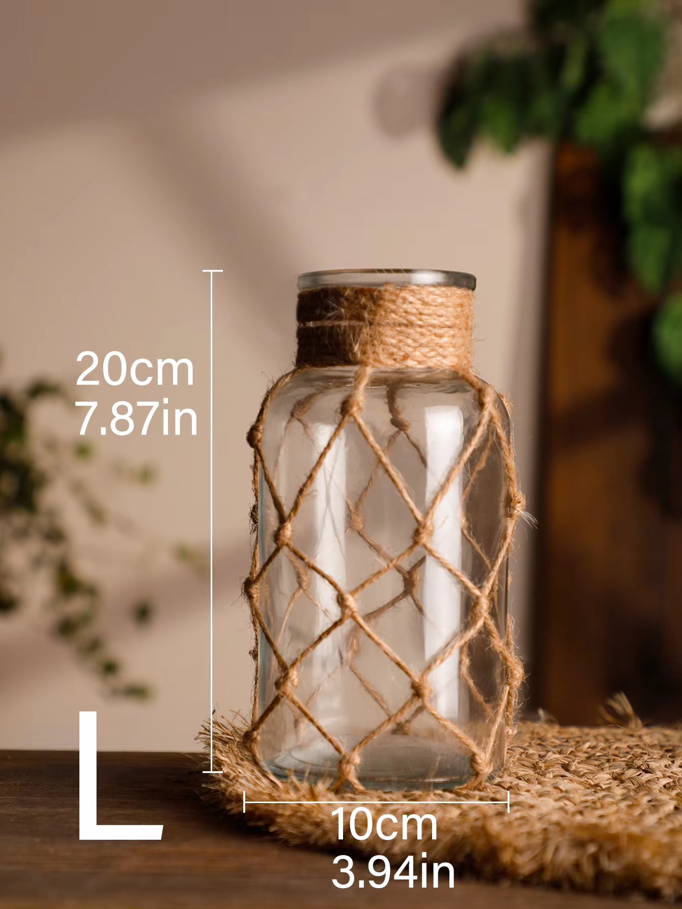 Rustic Hanging Glass Vase with Hemp Rope Net
