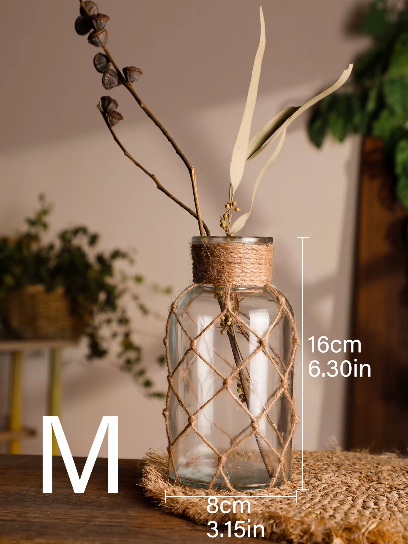 Rustic Hanging Glass Vase with Hemp Rope Net