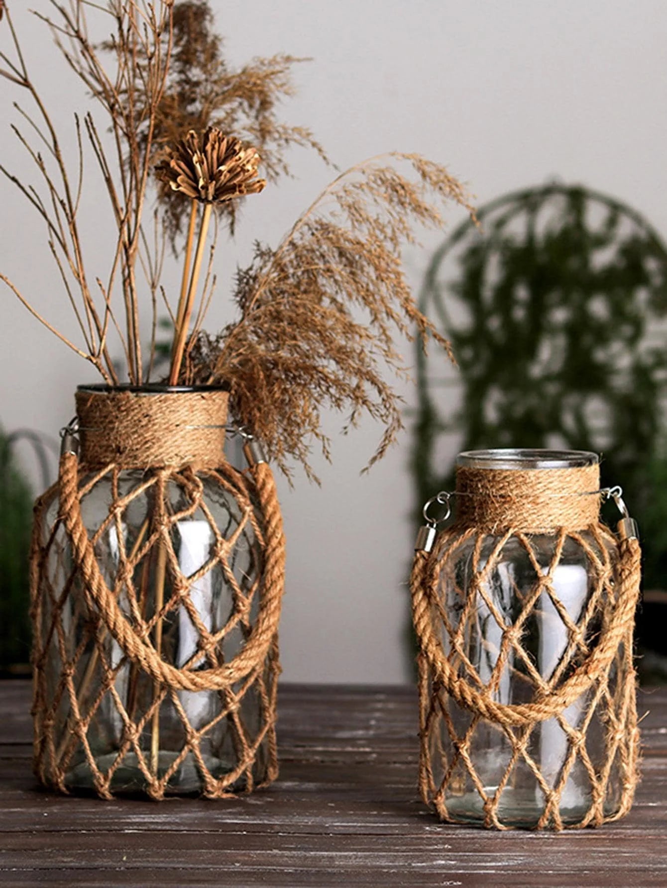 Rustic Hanging Glass Vase with Hemp Rope Net 