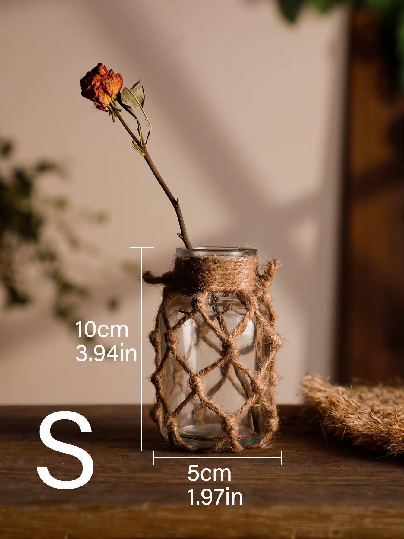 Rustic Hanging Glass Vase with Hemp Rope Net 
