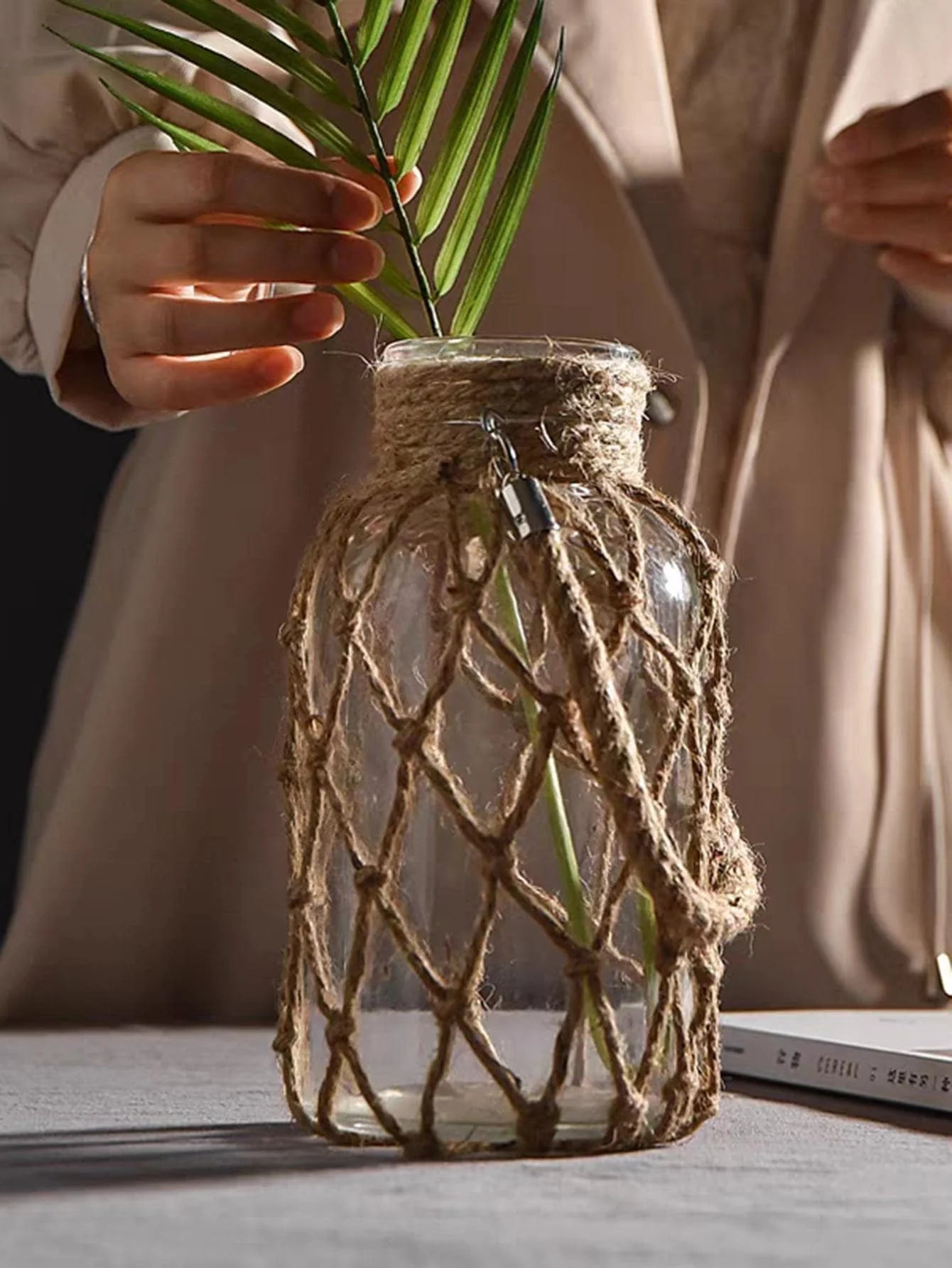 Rustic Hanging Glass Vase with Hemp Rope Net 