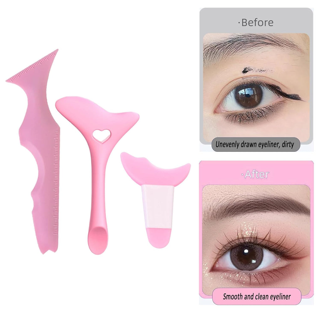 3PCS Eyeliner Stencils Mascara Shield Silicone Eyeliner Applicator Tool Multifunctional Makeup Tool Eyeshadow Lipstick Mascara Eyeliner Guide Wing Eyeliner Tool for Beginners(Pink)