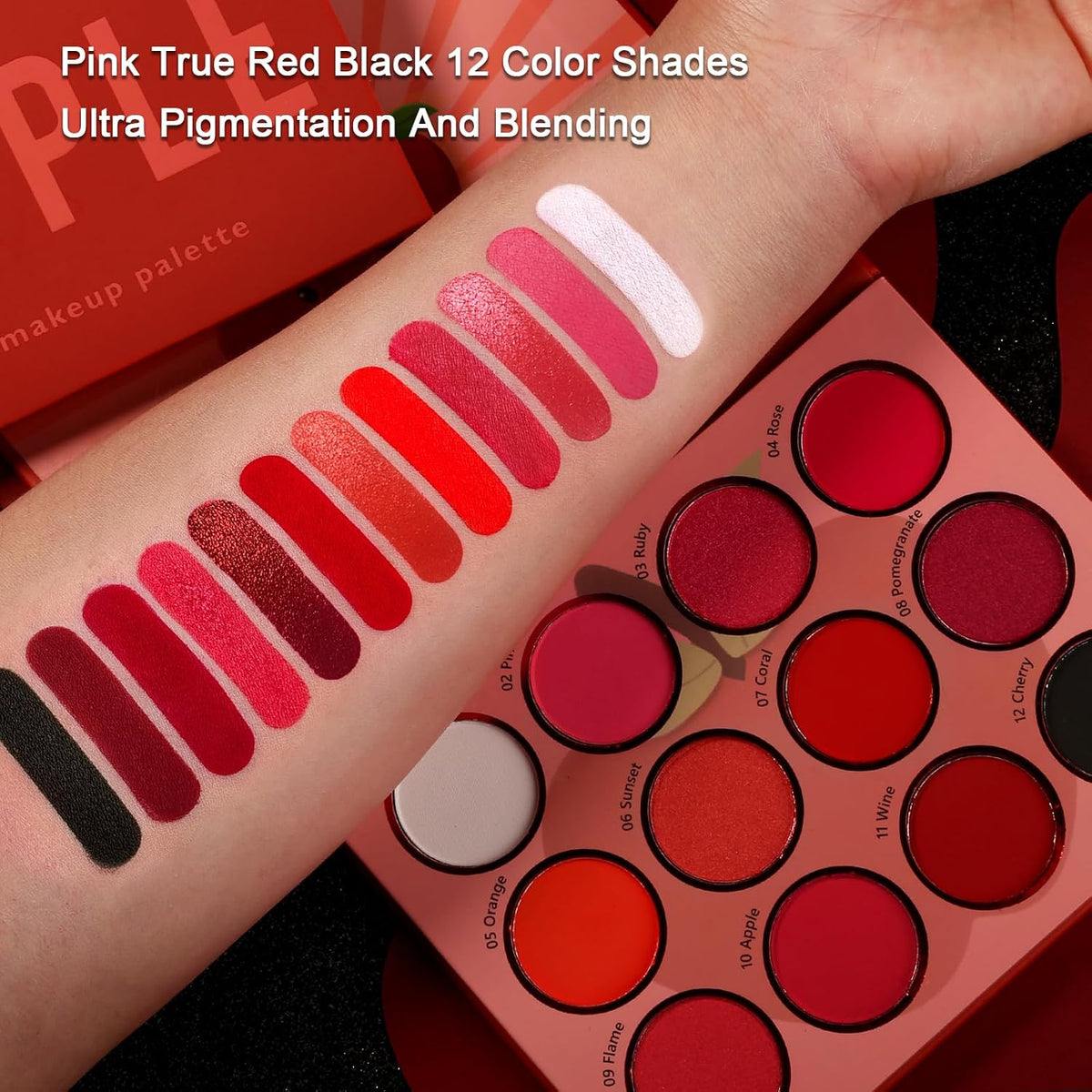 Red Eyeshadow Palette Makeup, Ultra Pigmented and Blending Bright Dark Hot True Red Black Eye Shade 12 Color, Cruelty Free Velvet Matte Shimmer Warm Fall Sunset Pink Goth Red Eye Shadow Pallet