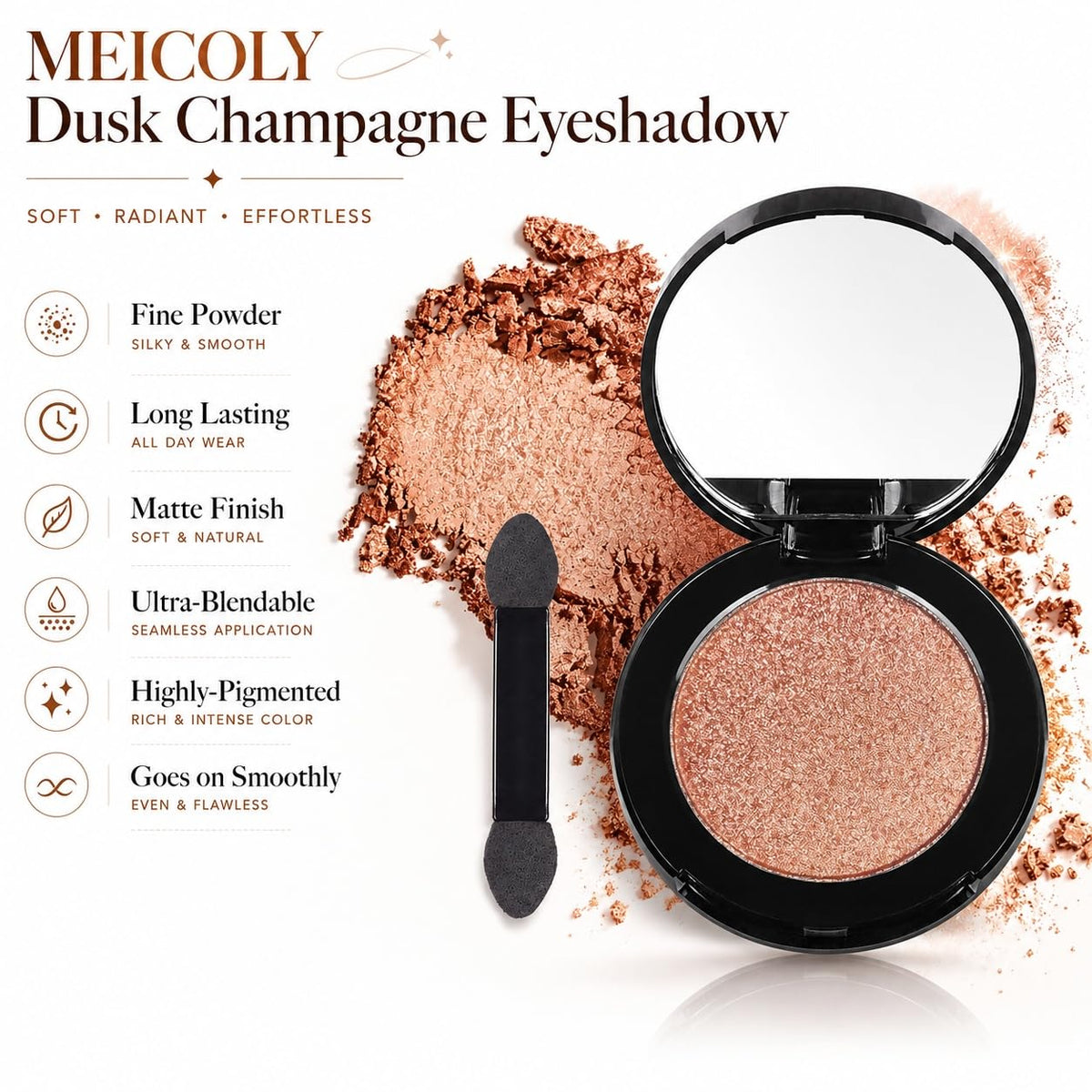 Dusk Champagne Shimmer Eyeshadow with Mirror,Shimmer Sparkly Eye Shadow Palette,Pressed Powder Single Eyeshadow for Women and Girls,Eye Makeup Eyelid Color,High Pigment,Long Wearing,Waterproof