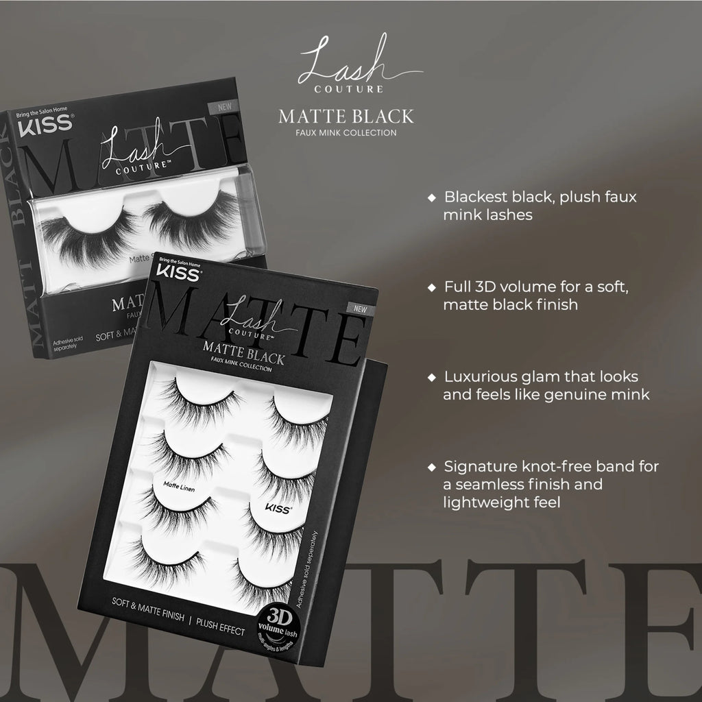 Lash Couture Matte Black Faux Mink False Eyelashes, Strip Lashes, Matte Twill, Black, 4 Pairs