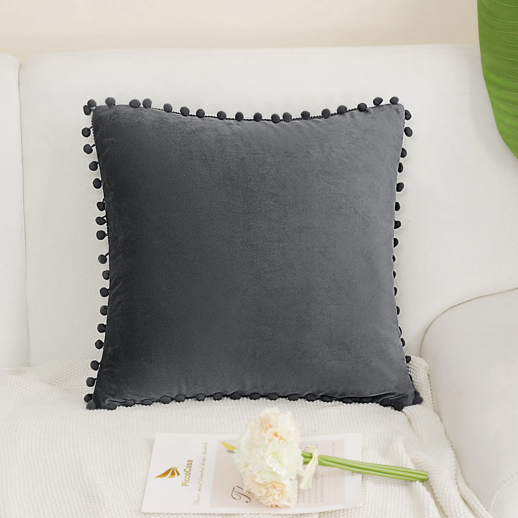 Velvet Pillow Cover with Pompoms for Sofa 1PCS Dark Gray 20X20Inch