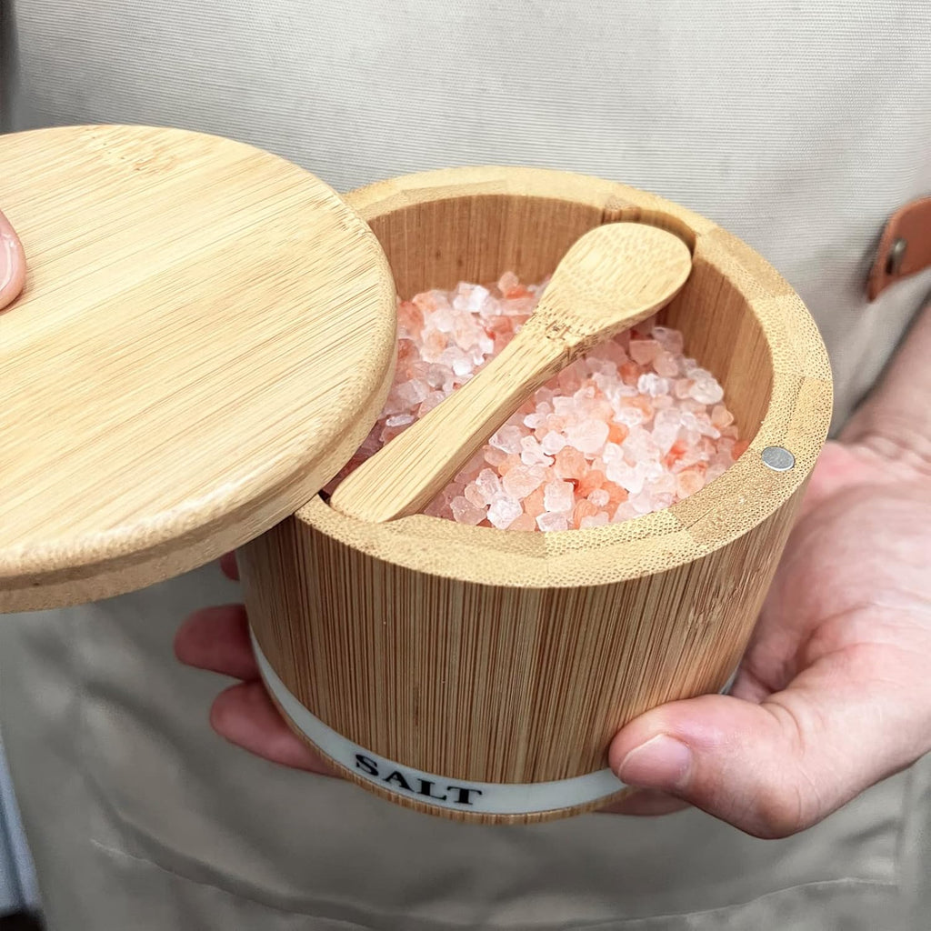 Salt Box Bamboo Salt Container with Swivel Lid and Spoon Small Spice Cellar with Label 8 Oz Capacity Salt Holder for Countertop with Magnetic to Easy Open and Seal