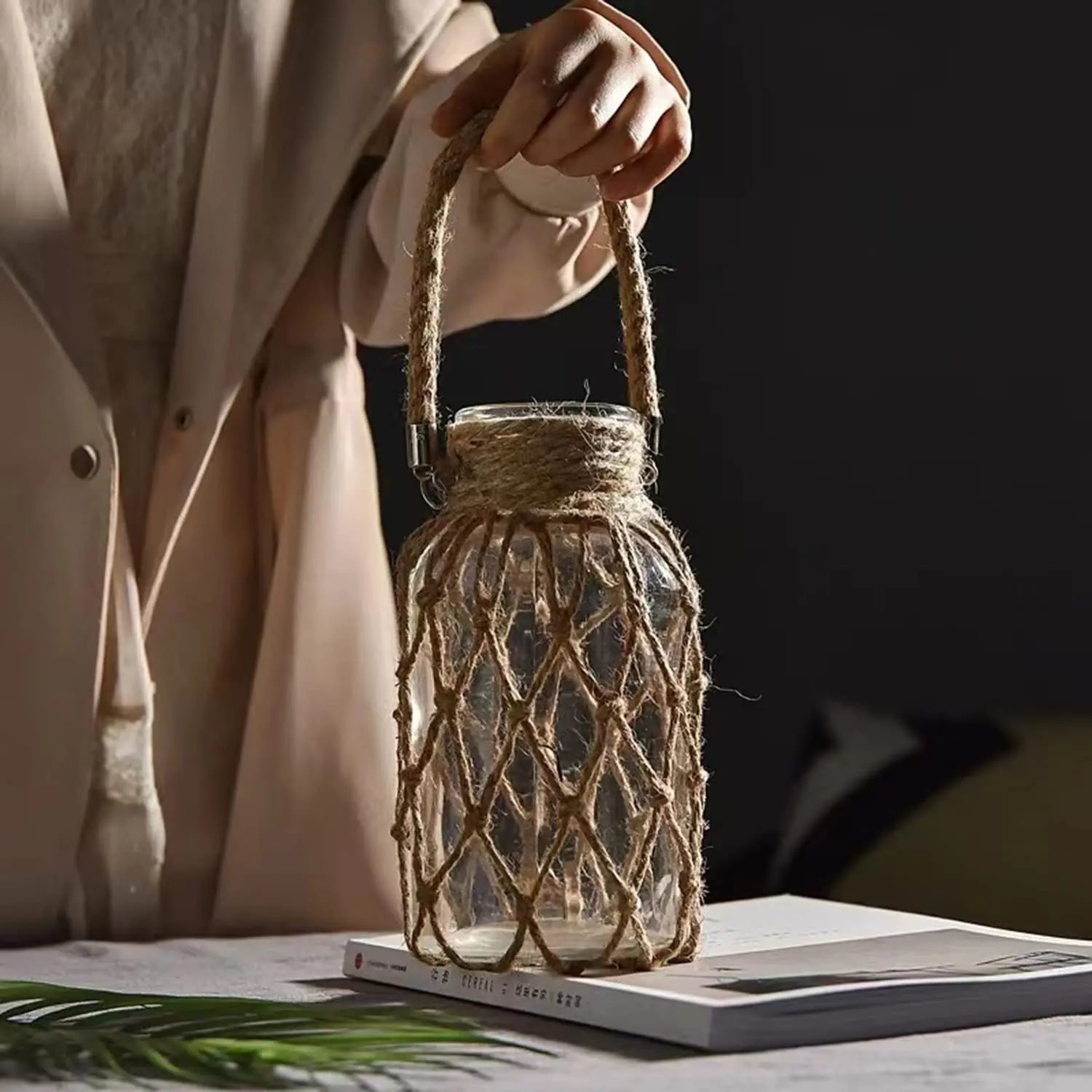 Rustic Hanging Glass Vase with Hemp Rope Net 