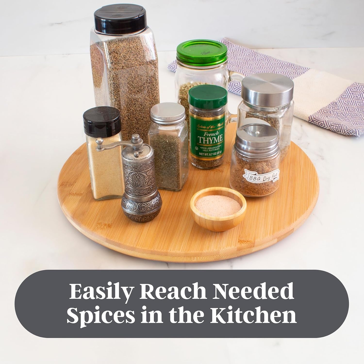14 Inch Bamboo Lazy Susan Turntable for Kitchen & Table Top | Keep Spices, Sauces, Condiments, and Seasonings within Reach. Sized for Kitchen Cabinets, Pantries, Counters, and Table Tops.