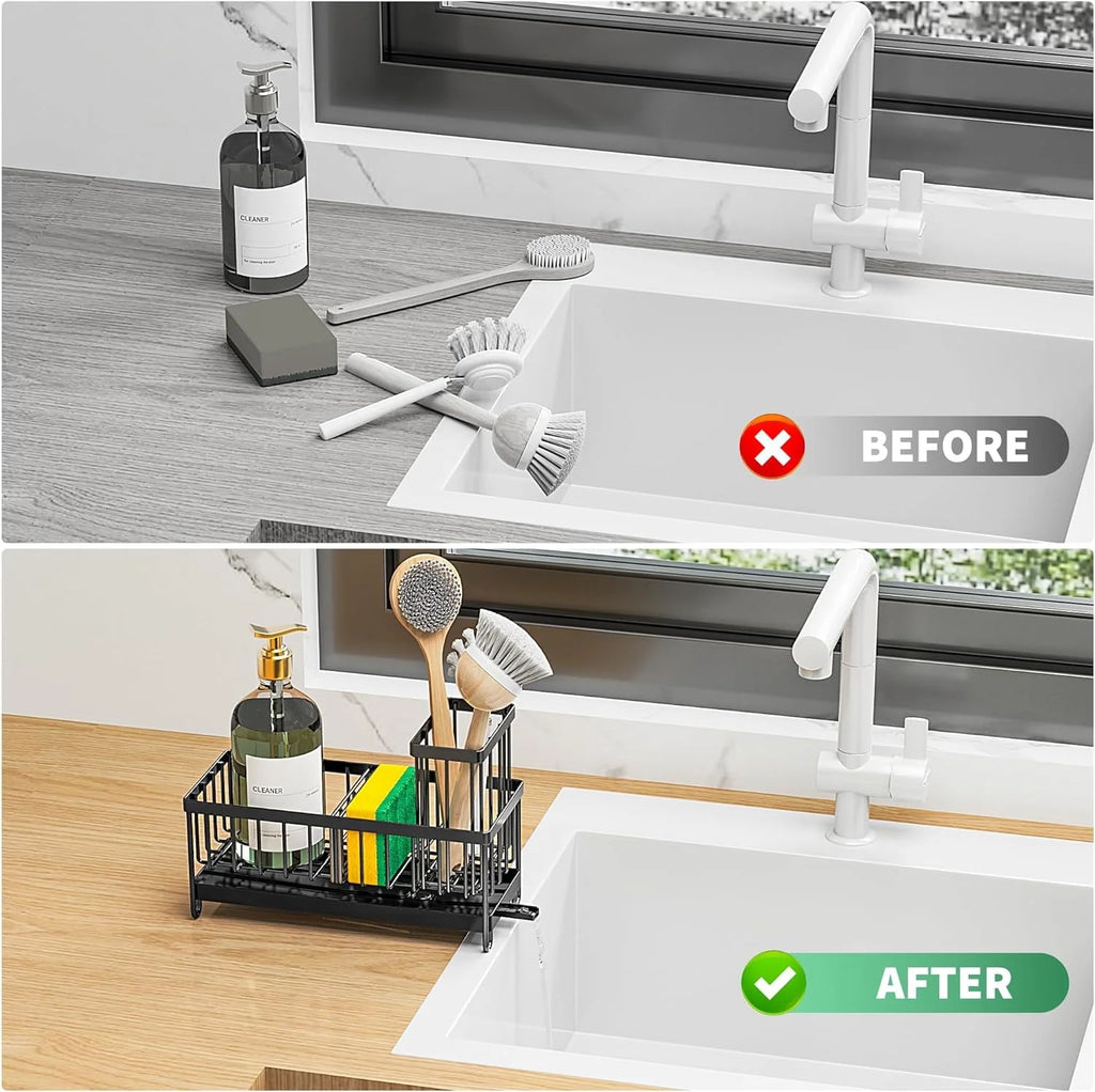 Black Sponge Holder for Kitchen Sink, Sink Caddy Organizer with High Brush Holder, Kitchen Countertop Organizers and Storage Essentials, Rustproof 304 Stainless Steel, Soap Dispenser Organize
